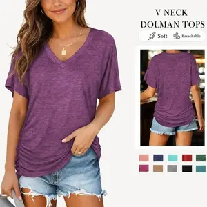 Womens Short Sleeve V Neck Dolman Tops with Side Shirring Loose Fit Shirts