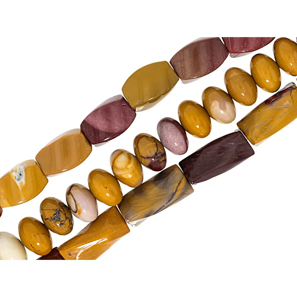 JTV Mookaite 7x12mm Rondelle, 10x20mm Twisted Barrel, & 10x15mm Swirl Drum Bead Strand Set of 3