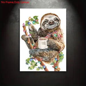 1 piece/set frameless canvas painting print poster, classic watercolor realistic illustration style art, top of Christmas morning sloth, a perfect gift for animal enthusiasts, ideal gift for bedroom, living room, dorm hallway, kitchen, mural, wall decor