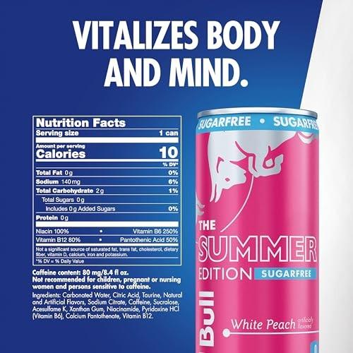 Red Bull Summer Edition Energy Drink Sugar Free White Peach 8.4 fl oz 24 ct Vitalizes Body and Mind