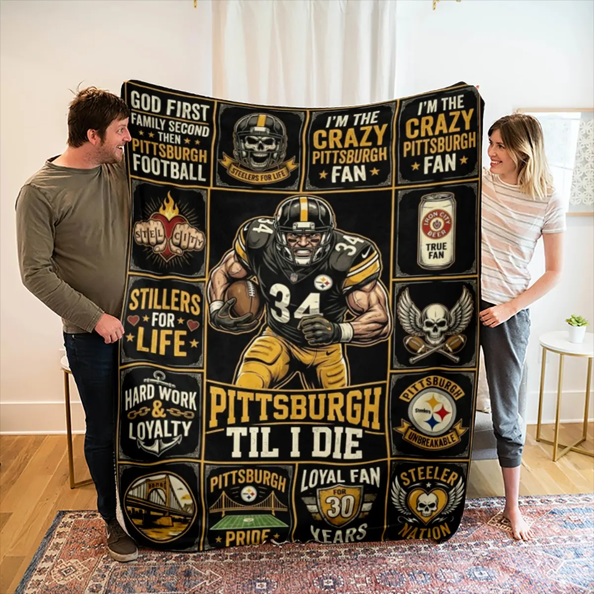 Pittsburgh Football Flannel Blanket, Repeated Sports Theme, Team Spirit Slogan, Champion Year, Mascot Image, City Pride Elements