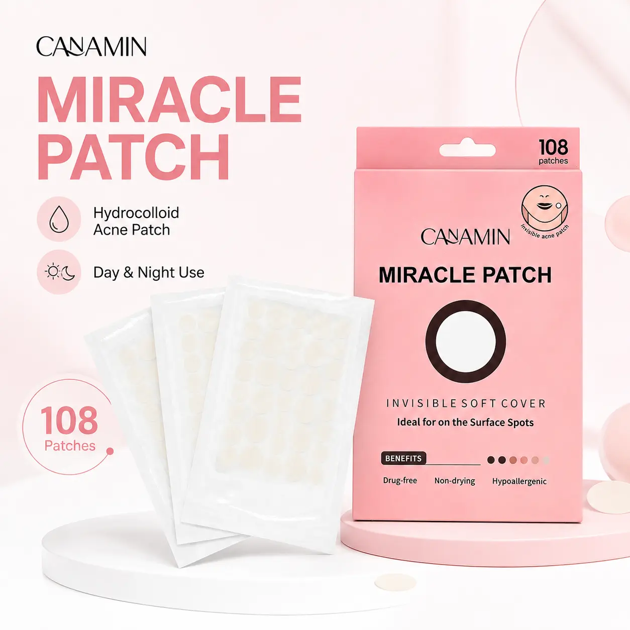 MIRACLE PATCH Salicylic Acid Hydrocolloid Acne Patches, 108 Count Invisible Pimple Patches for Face, Thin Blemish Spot Stickers for Day & Night Use, Easy-to-Apply Daily Skincare