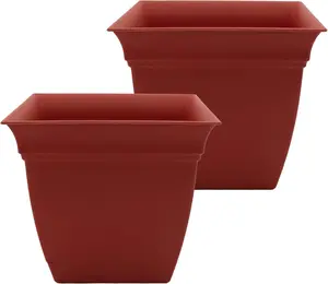The HC Companies Eclipse Square Plastic Planter w/Attached Saucer - Outdoor & Indoor Plant Pot with Drainage Holes - Lightweight, UV-Resistant Plastic Pots for Plants (12" Clay, Pack of 2)