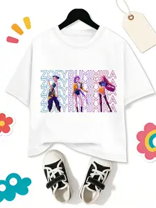 Kpop Demon Hunters Series Girls' T-Shirt, Fashion Print Short Sleeve, Cartoon Pattern, Breathable and Comfortable, Casual Daily Wear