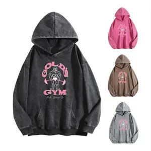 Holafish Women's GYM Print Acid Wash Hoodie Essential For Fitness Enthusiasts Vintage 2026 Sweatshirt Oversized Loose Fit Winter Warm Streetwear Casual Tunic graphic