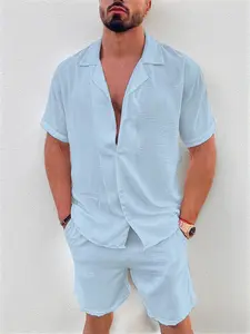 KZZ men's 2 piece set Solid Button Front Shirt & Elastic Waist Shorts Two-piece Set, Streetwear Short Sleeve Top & Pocket Design Shorts Suits Beachwear for Formal Wear, Menswear, Casual Outfits, FallFreshness Plain Tee Cotton Linen Set