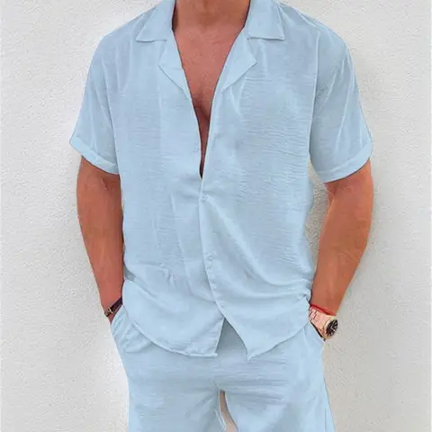 KZZ Men's 2-Piece Male Clothing Set - Solid Button-Front Short-Sleeve Shirt, Elastic-Waist Pocket Plain Shorts, Cotton-Linen Sporty Chic All Seasons Outfit for Modern Men's Casual, Beach-to-Street Wear
