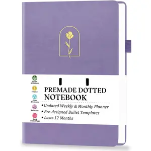 Premade  Style Notebook with Undated Weekly & Monthly Planner, Dotted Journal with Pre-made  Planner Stencils, Dot Grid Journaling with Habits & Mood , 12 Month Organization, A5