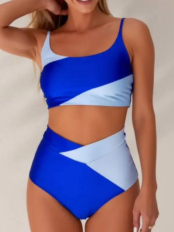 Women's 2-Piece High Stretch Fitted Bikini Set, Neck Spaghetti Strap 2-Tone Blue Diagonal Color Block Crop Top, High Waist Asymmetrical Panel Tummy Control Stretch Swimwear for Beach Vacation, High Stretch Bikini, Fitted Swimsuits