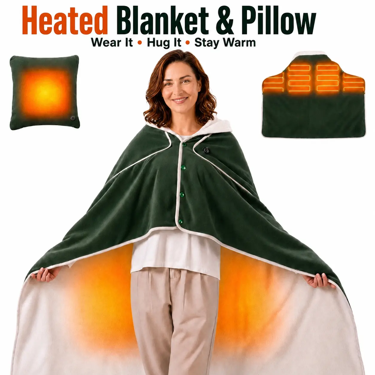Portable USB Heated Blanket, 4-in-1 Flannel Wearable Heated Throw, Pillow, Shawl & Heating Pad, 3 Heat Settings, Fast Warming for Home, Office, Camping & Travel (Available with or Without Power Bank)
