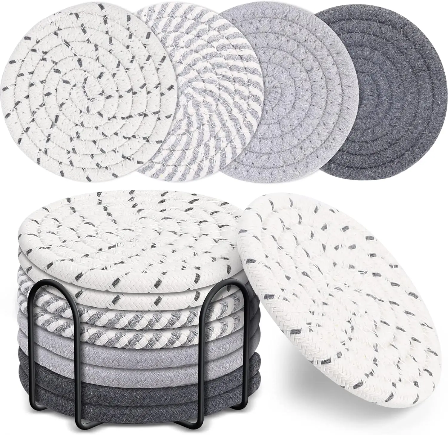 8 Pcs Drink Coasters with Holder, Absorbent Coasters for Drinks, Minimalist Cotton Woven Coaster Set for Home Decor, 4.3 Inches. Classic Round Stylish Tableware