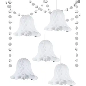 5 Pieces Hanging Paper Honeycomb Bells with Glittery Silver Tassels, White Bridal Decor Supplies for Wedding Decoration