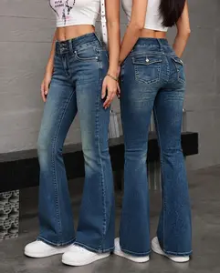 Women's Mid-Rise Stretch Bootcut Jeans - Vintage Washed Slim-Fit Denim Bottoms with Pocket, Womenswear Casual Pants, Bottom