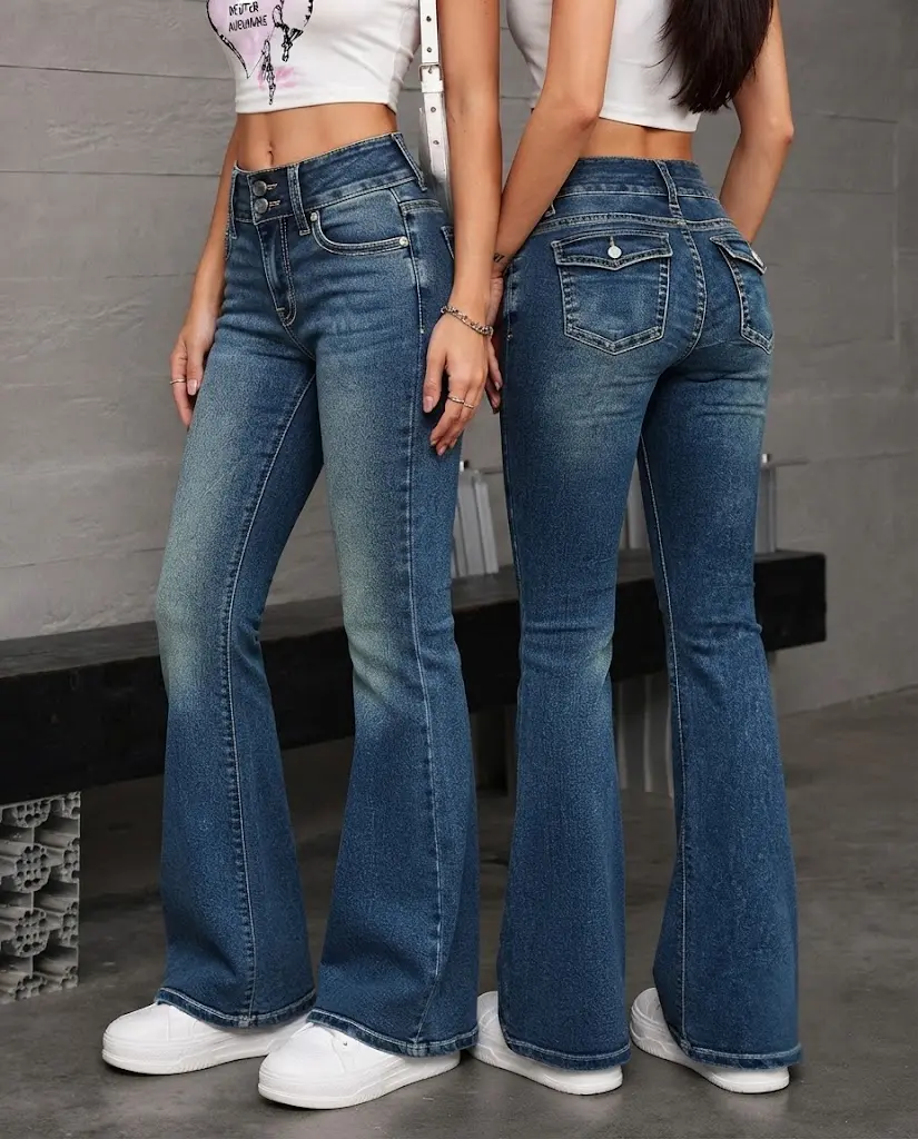 Women's Mid-Rise Stretch Bootcut Jeans - Vintage Washed Slim-Fit Denim Bottoms with Pocket, Womenswear Casual Pants, Bottom