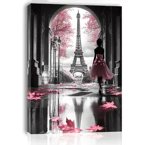 Pink Lady under the Eiffel Tower in Paris, living room & bedroom & kitchen wall art prints, home, office decoration, Christmas gift, perfect for room decoration Ornaments Artistic