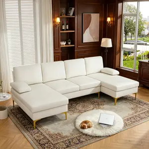 Cozy U-shaped 3-Piece Sofa Suite, premium off-white fluffy fabric surface, stable solid structure, large capacity seating space, soft and snug sitting experience, ideal for family gathering, lounge and full house decoration