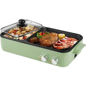 Hot Pot Electric with Grill, 2 in 1 Indoor Non-Stick Electric Pot and Griddle for Korean BBQ, Steaks, Shabu Shabu and Noodles, Independent Dual Temperature Control, Fast Heating, Green