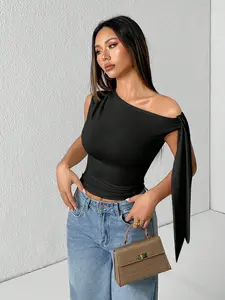 Women's Elegant Asymmetric Neck Slim Fit T-Shirt, Adjustable Shoulder Straps, Bow Strap, Short Sleeve, All Seasons, Perfect Gift, Top, Womenswear