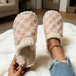 Cozy Cotton Slippers for Women Men, Plaid Pattern Cute Fluffy Soft Home Slippers for Couples, Warm Slippers for Indoor Outdoor Walking Shoes House Slippers Gift Idea Flipflop Flipflop