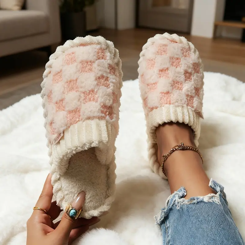 Cozy Cotton Slippers for Women Men, Plaid Pattern Cute Fluffy Soft Home Slippers for Couples, Warm Slippers for Indoor Outdoor Walking Shoes House Slippers Gift Idea Flipflop Flipflop