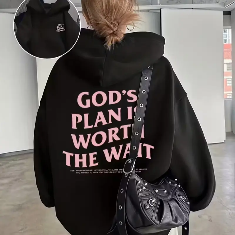 God's Plan Is Worth The Wait Faith Slogan Double‑Side Print Cotton Outer Fleece Lined Hoodie, Inspirational Religious Casual Pullover Hooded Sweatshirt, Daily Holiday Gift