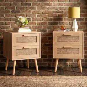 2PCS Natural Oak Rattan Nightstand Handmade Rattan Decor Drawer Wooden Side Table Multifunctional Storage Accent Table For Bedroom Home Living Room Decor Furniture
