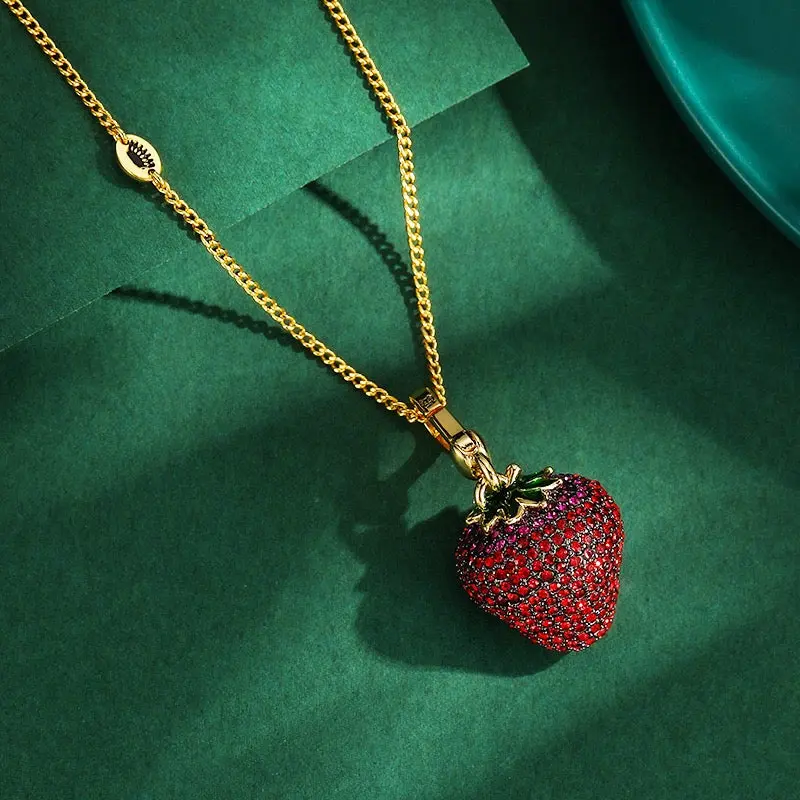 Gold Sparkling Strawberry Charm Necklace - Non-natural Crystal Fruit Pendant, Red Rhinestone Cute Statement Jewelry for Women