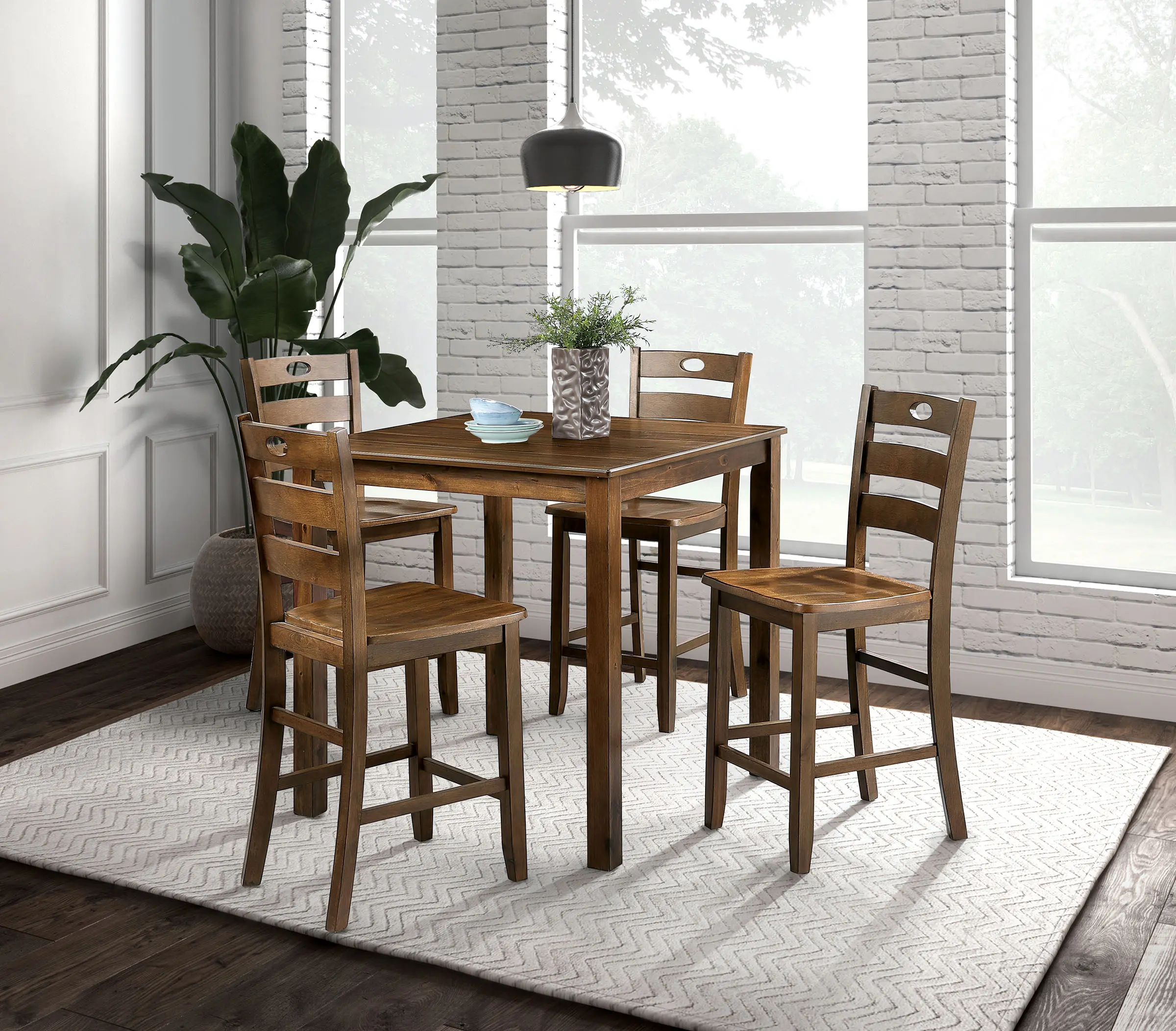 5-Piece Modern Lubbock Dining Table Set, Regular Height 36"L x 36"W x 30"H, Durable Wooden Design with 4 Ladder-Back Chairs, Easy-to-Clean Apartment Furniture