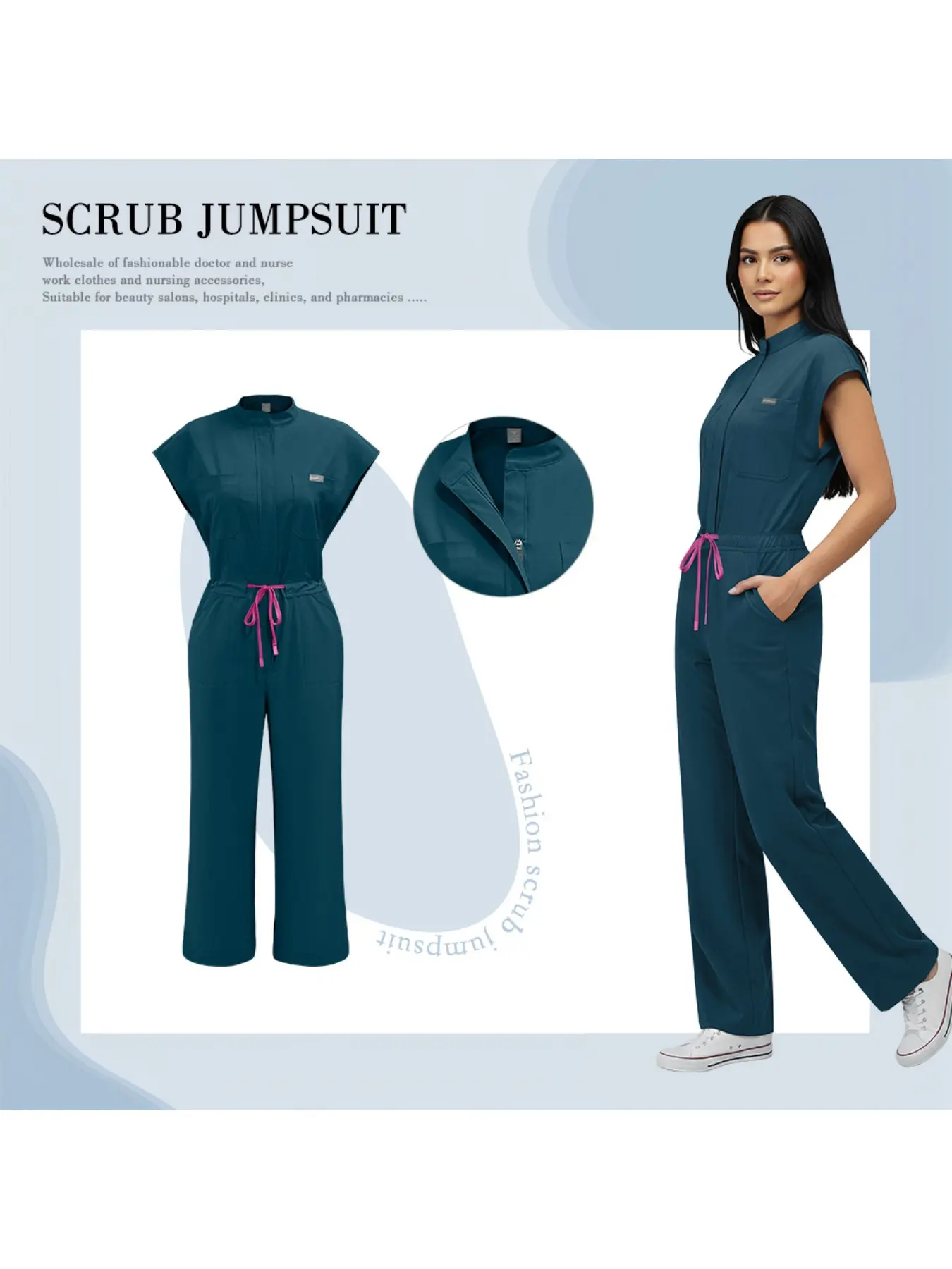 Spa Uniforms Women Scrubs Jumpsuits Workwear Short Sleeve Modern Collar One-Piece Nurse Uniform with Drawstring Waist Comfortable Minimalist