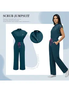 Spa Uniforms Women Scrubs Jumpsuits Short Sleeve Modern Collar One-Piece Nurse Uniform with Drawstring Waist Comfortable