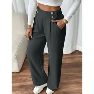Women's Solid Button Fly Straight Leg Pants, Elegant Comfy Trousers for Work Office Business, Ladies Bottoms for Fall