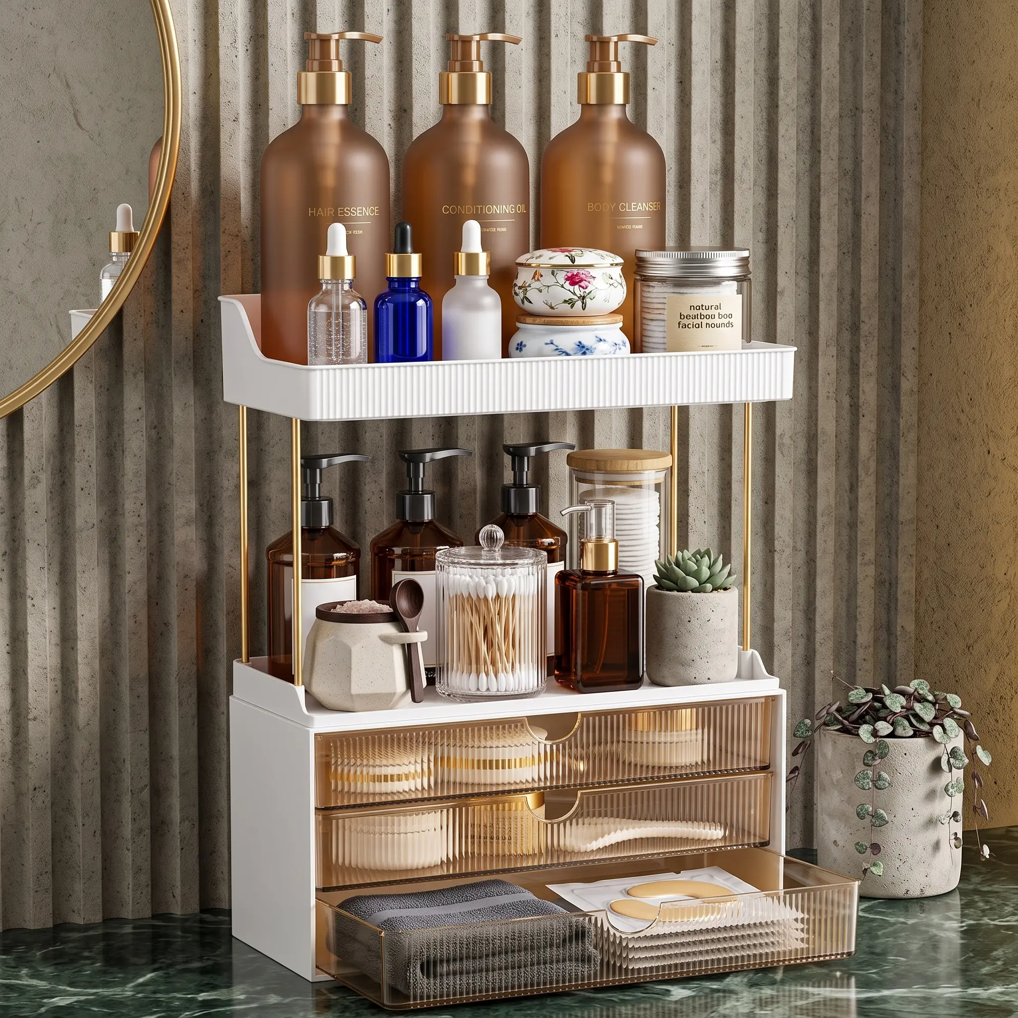 5 Tier Makeup Organizer with 3 Drawers Large Vanity Skincare Perfume Storage Amber