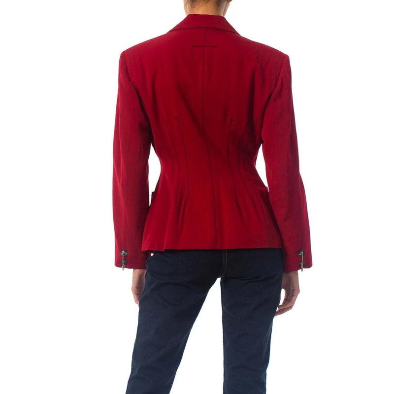 1980S JEAN PAUL GAULTIER Red Wool Very Rare Jacket With Leather And Oversized Safety Pin Details