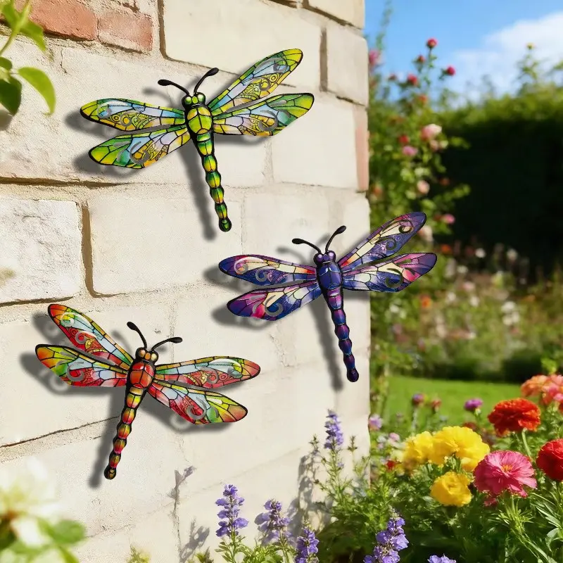 3pcs Colorful Metal Dragonfly Wall Decor, Waterproof Rust-Resistant Garden Ornament, Outdoor Party Decoration, Gift for Animal Lovers, Garden Accessories
