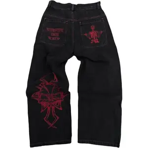 European and American tide brand retro hip hop Gothic straight loose wide leg skull embroidery washed jeans men