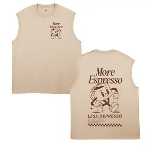 "More Espresso Less Depresso" Cartoon Coffee Cup Double-Sided Graphic Print Vests
