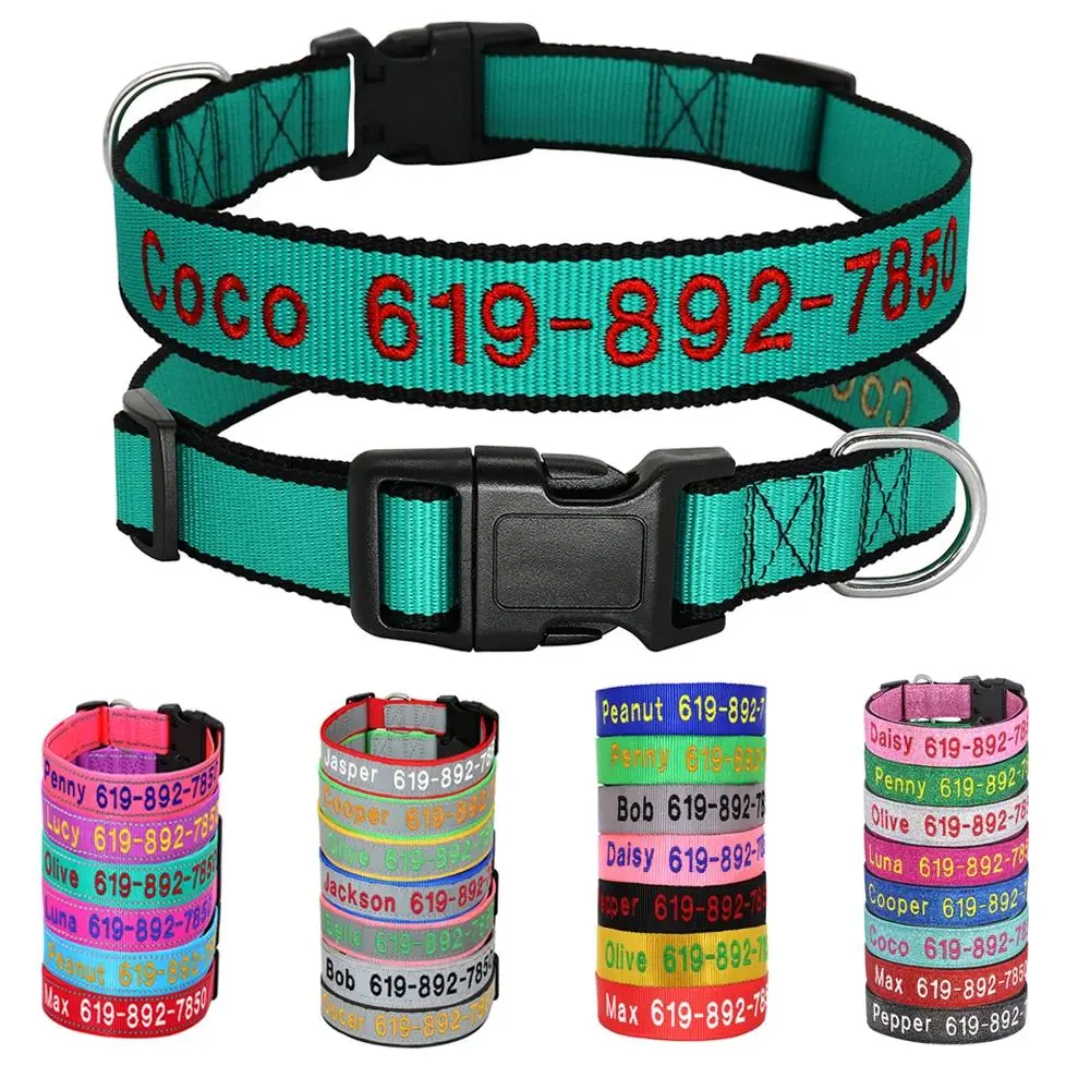 Multi-Size Customizable Adjustable Nylon Embroidered Dog Collar with Custom ID Name Tag, Pet Accessories for Small, Medium, Large Dogs, Pet Supplies, Id Tag Holder, Collars