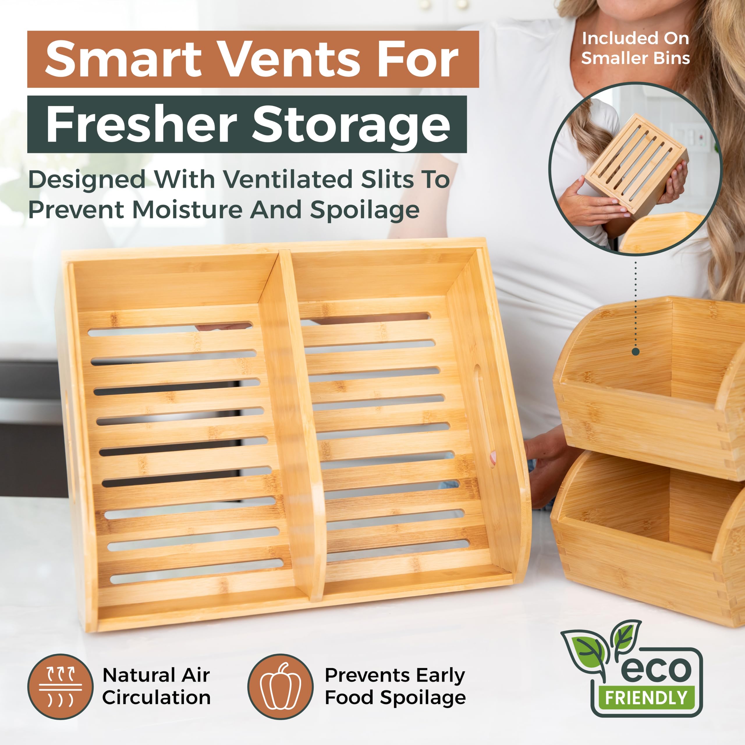 3 Pack Potato and Onion Storage Bin for Pantry and Kitchen Counter - Ventilated Stackable Bamboo Organizer Baskets with Handles - Multipurpose Organization Containers for Fruit, Vegetable, Pantry