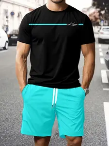Men's Casual Sporty Summer Set, Menswear Short Sleeve Top & Gym Shorts, 3D Digital Print, Perfect for Various Festivals, Gym Apparel