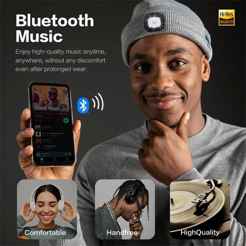 Bluetooth Beanie with a Light, Unisex USB Rechargeable 4 LED Flashlight Hat with Cordless Headphones, Unique Christmas Birthday Gifts for Men Him Husband Teen