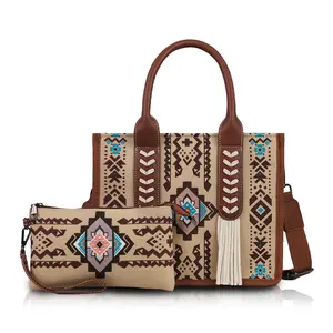 Bohe Style Purse Set for Women 2Pcs Large Tote & Crossbody Bag with Tassel Retro Ethnic Design for Daily Use Elegant Versatile