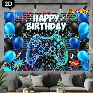 1PC,2D Flat Gaming Themed Birthday Party Backdrop, Game Controller Balloon Decor Banner, Photo Background for Kids & Adults' Birthday Gatherings, Brick Wall Graffiti Style Party Decoration, Birthda