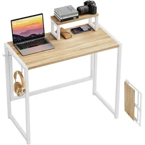 Folding Desk with Monitor Stand, 31.5 Inch Foldable Computer Desk with Hook and Storage, Sturdy Small Space-Saving Writing Work Table for Home Office Dorm, Oak