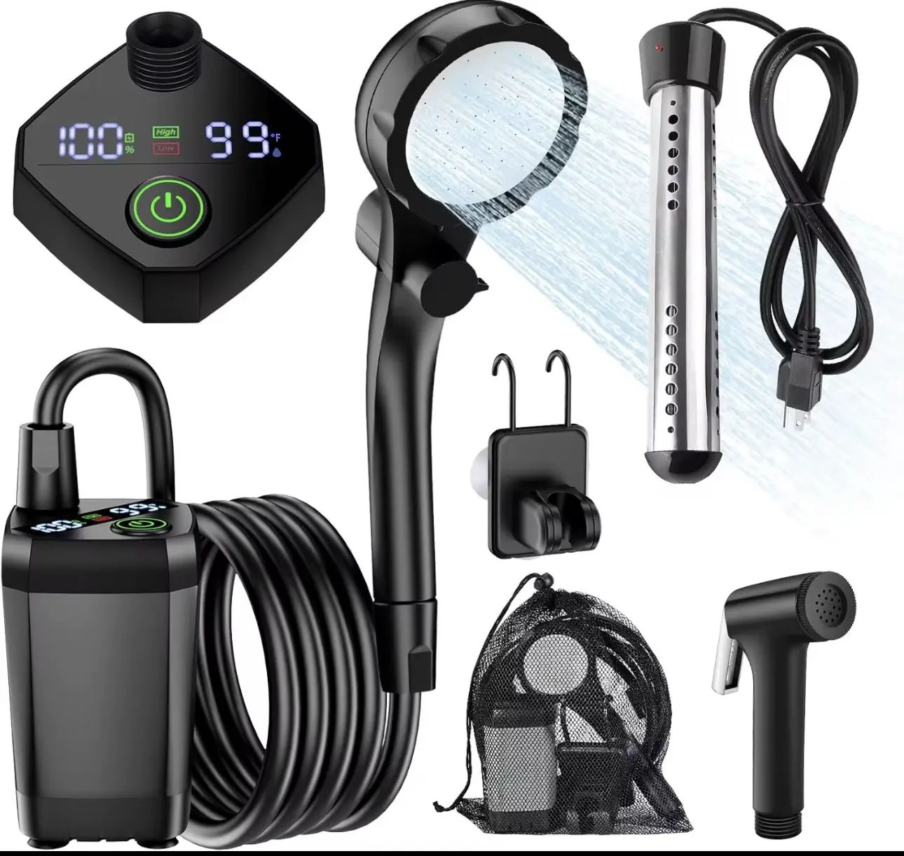 Portable Shower for Camping with Heater - Rechargeable Camping Shower with Intelligent LED Display, 4 Spray Modes, 8800mAh Battery, Electric Portable Outdoor Shower for Travel, Pet Bathing