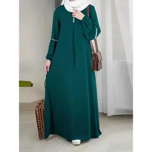 Elegant Long Sleeve Muslim Abaya Dress with Sequin Detailing - Solid Green Turkish Kaftan, H-Line Silhouette, Regular Fit Floor-Length for All-Season Modest Wear, Muslim Clothes