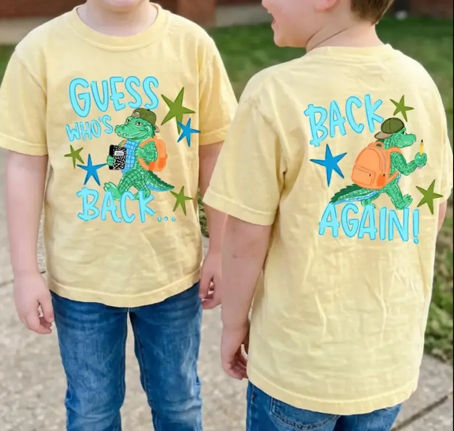 2-Sided Guess Who’s Back to School Gator Graphic T-Shirt, Youth and Adult Cotton Tee, Vintage Retro School Shirt, First Day Outfit Gift
