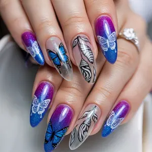24pcs Blue Gradient Glitter Butterfly Almond False Nails, Medium Length Glossy Nail Art Stickers, Blue Butterfly Metamorphosis Manicure Tips
