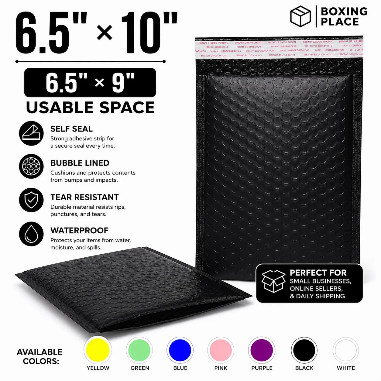 6.5x10 Poly Bubble Mailers (6.5x9 Usable Space) Self Seal Padded Shipping Envelopes for Small Business, eBay, Etsy, Amazon, Shopify & TikTok Shop Sellers, Lightweight Mailing Bags for Shipping Products, Clothing, Crafts & Accessories