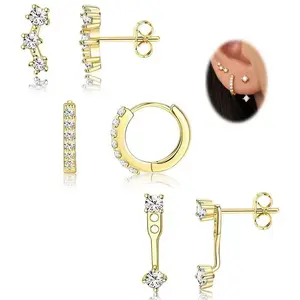 3pcs CZ Earring Set, Gold/Silver Plated Cartilage Earring Combo Pack
