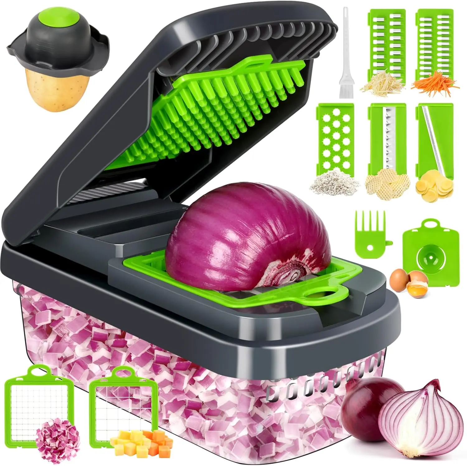 11-in-1 Multifunctional Vegetable Chopper with Blades, Container, Professional Design, Handle & Wave Slicer - Kitchen Accessories, Mom Gadgets for Salad, Potato